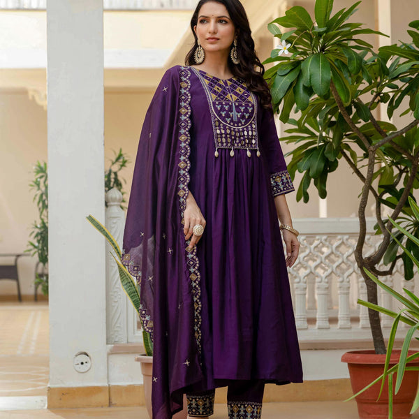 Sonakshi Women's Purple Viscose Roman Silk With Multi Thread Embroidered With Mirror Hand Work Anarkali Gown Set With Dupatta - Distacart