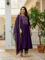 Thumbnail for Sonakshi Women's Purple Viscose Roman Silk With Multi Thread Embroidered With Mirror Hand Work Anarkali Gown Set With Dupatta - Distacart