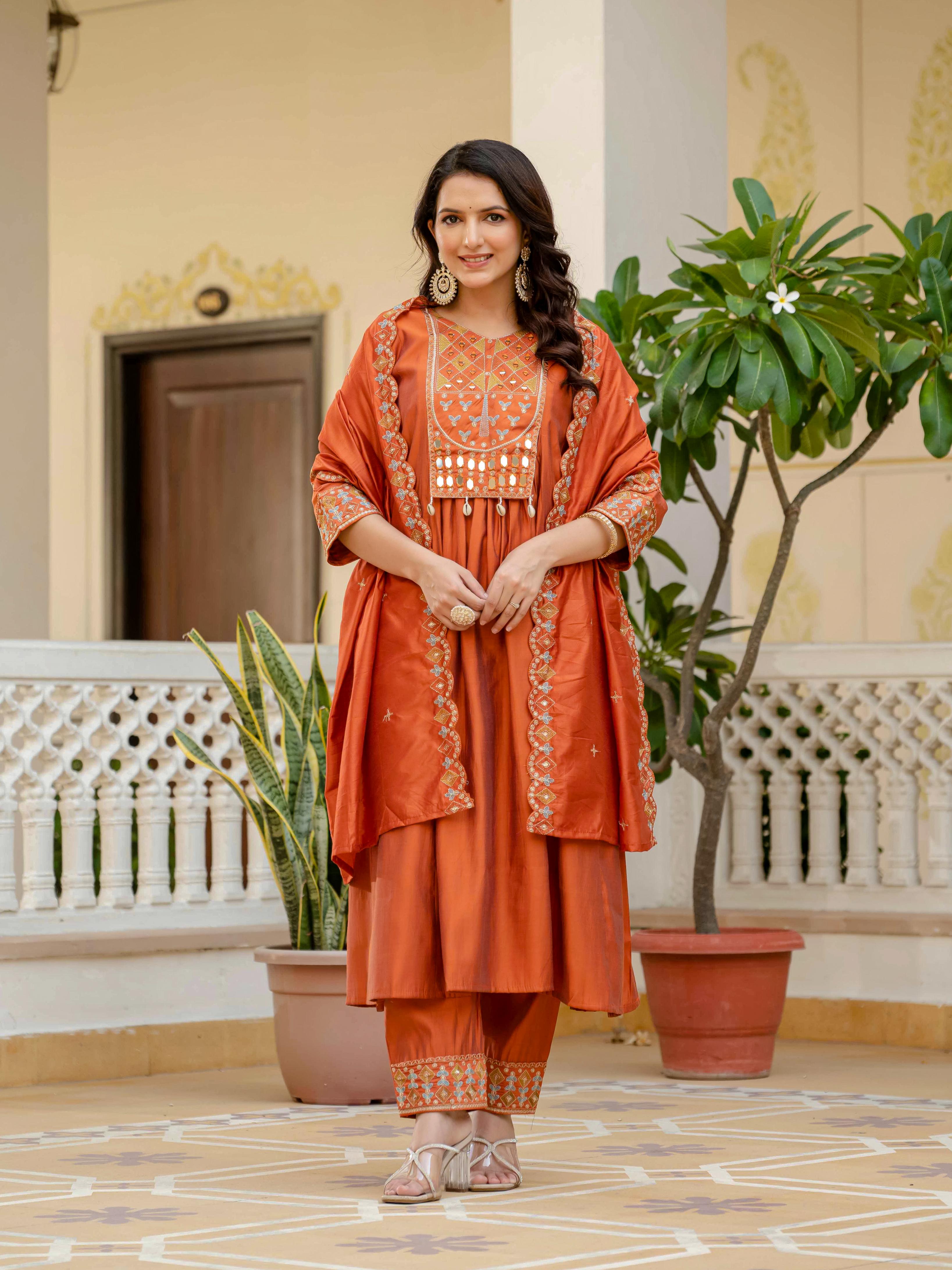 Sonakshi Women's Orrange Viscose Roman Silk With Multi Thread Embroidered With Mirror Hand Work Anarkali Gown Set With Dupatta - Distacart