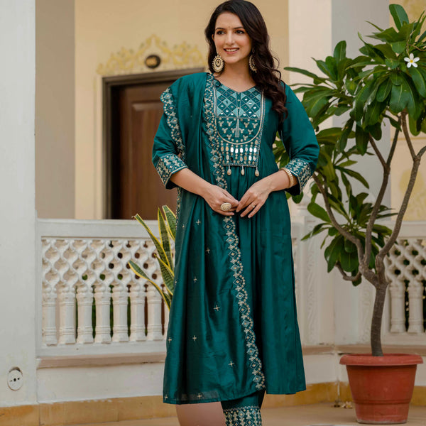 Sonakshi Women's Teal Viscose Roman Silk With Multi Thread Embroidered With Mirror Hand Work Anarkali Gown Set With Dupatta - Distacart