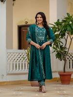 Thumbnail for Sonakshi Women's Teal Viscose Roman Silk With Multi Thread Embroidered With Mirror Hand Work Anarkali Gown Set With Dupatta - Distacart