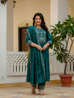 Thumbnail for Sonakshi Women's Teal Viscose Roman Silk With Multi Thread Embroidered With Mirror Hand Work Anarkali Gown Set With Dupatta - Distacart