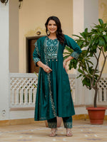 Thumbnail for Sonakshi Women's Teal Viscose Roman Silk With Multi Thread Embroidered With Mirror Hand Work Anarkali Gown Set With Dupatta - Distacart