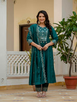 Thumbnail for Sonakshi Women's Teal Viscose Roman Silk With Multi Thread Embroidered With Mirror Hand Work Anarkali Gown Set With Dupatta - Distacart