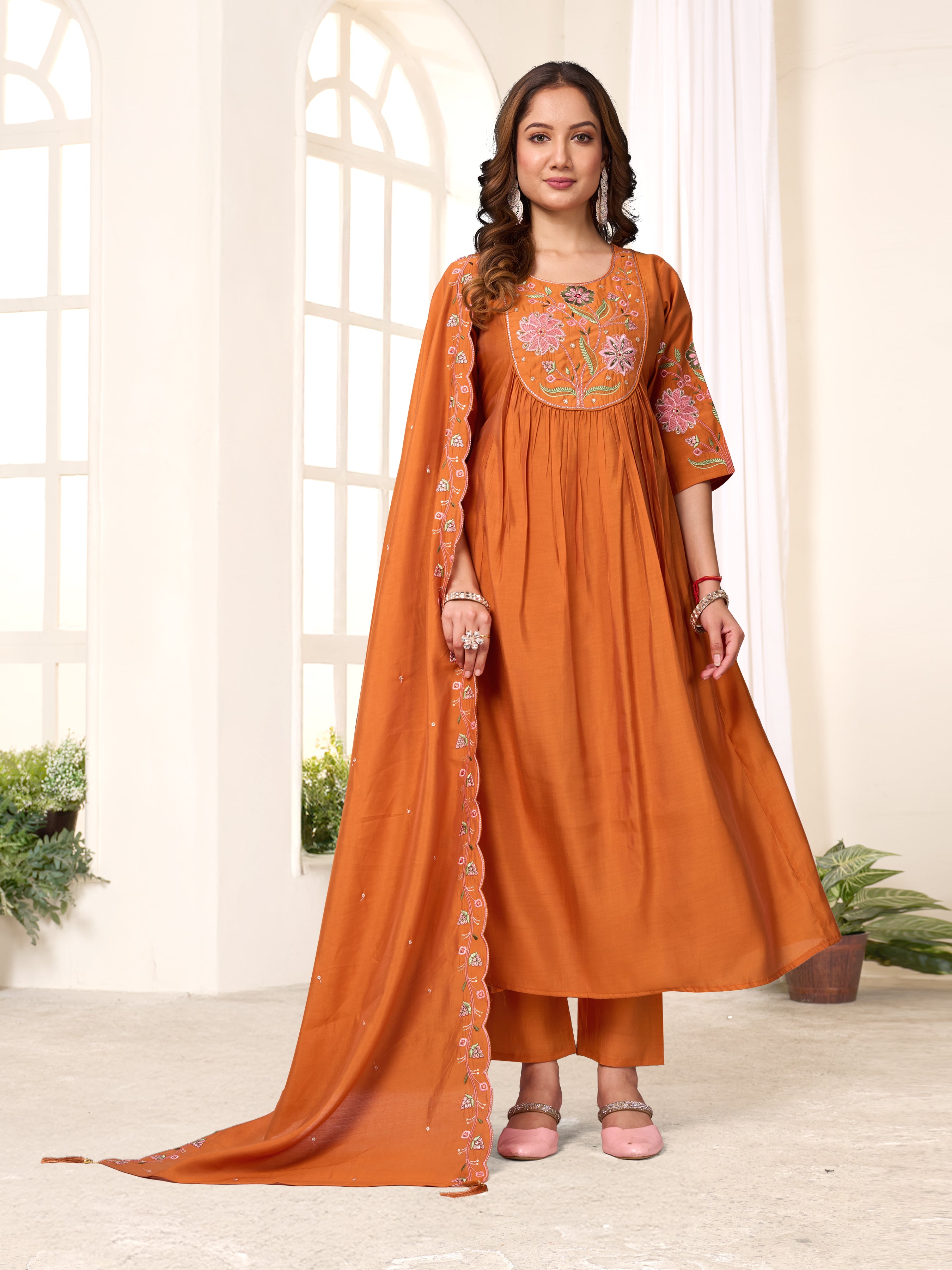 Sonakshi Women's Rust Viscose Roman Silk With Multi Thread Embroidered With Hand Work Anarkali Gown Set With Dupatta - Distacart