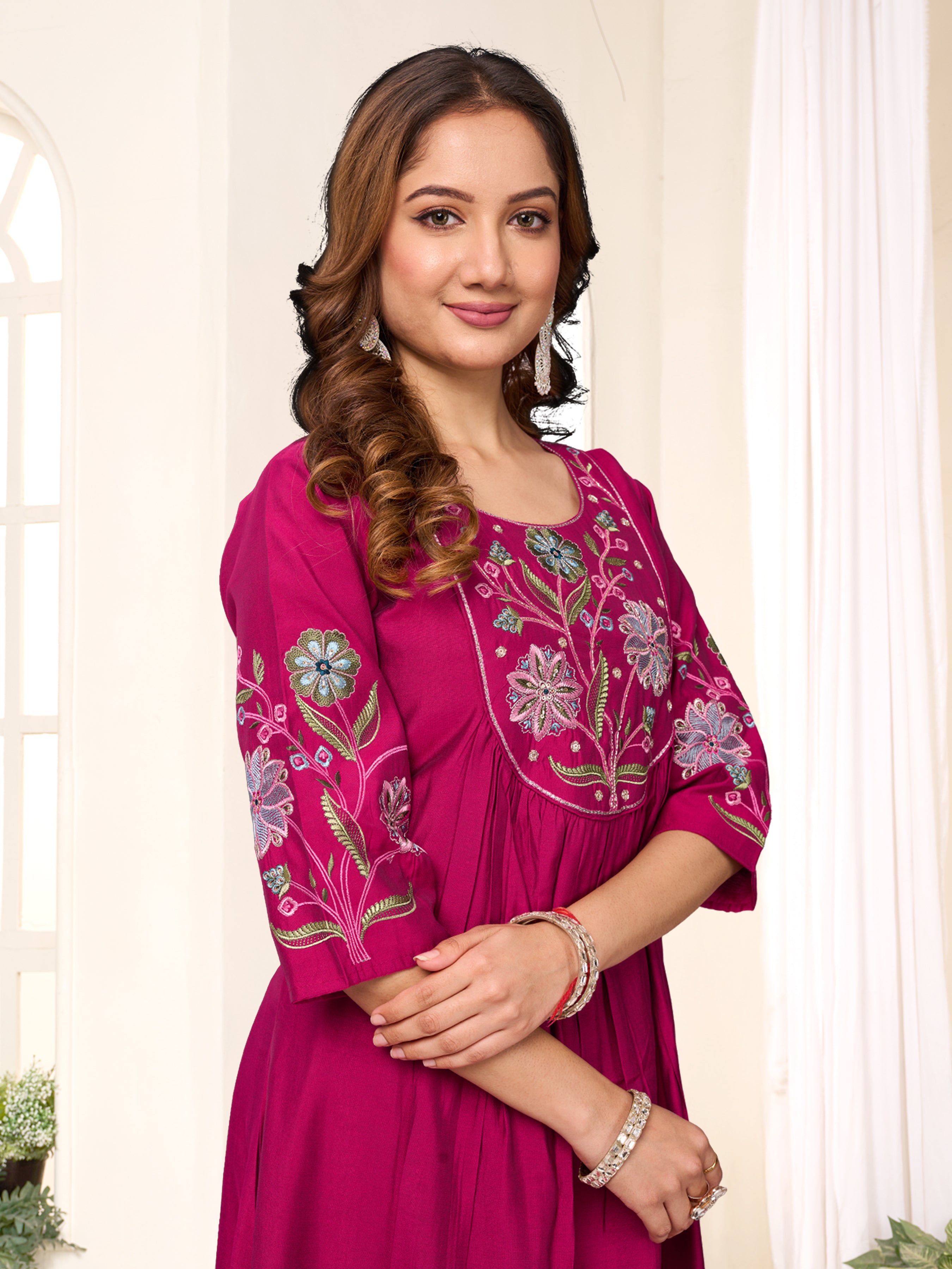 Sonakshi Women's Pink Viscose Roman Silk With Multi Thread Embroidered With Hand Work Anarkali Gown Set With Dupatta - Distacart