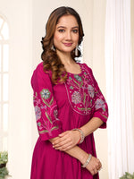 Thumbnail for Sonakshi Women's Pink Viscose Roman Silk With Multi Thread Embroidered With Hand Work Anarkali Gown Set With Dupatta - Distacart