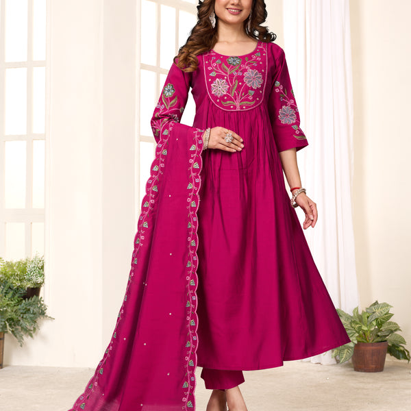Sonakshi Women's Pink Viscose Roman Silk With Multi Thread Embroidered With Hand Work Anarkali Gown Set With Dupatta - Distacart