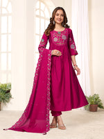 Thumbnail for Sonakshi Women's Pink Viscose Roman Silk With Multi Thread Embroidered With Hand Work Anarkali Gown Set With Dupatta - Distacart
