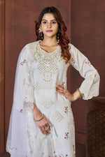 Thumbnail for Sonakshi Women's White Heavy Viscose Roman Boring Embroidered with Sequins & Heavy Hand work Kurta Set with Dupatta - Distacart