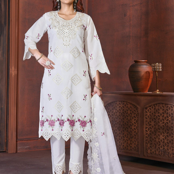 Sonakshi Women's White Heavy Viscose Roman Boring Embroidered with Sequins & Heavy Hand work Kurta Set with Dupatta - Distacart