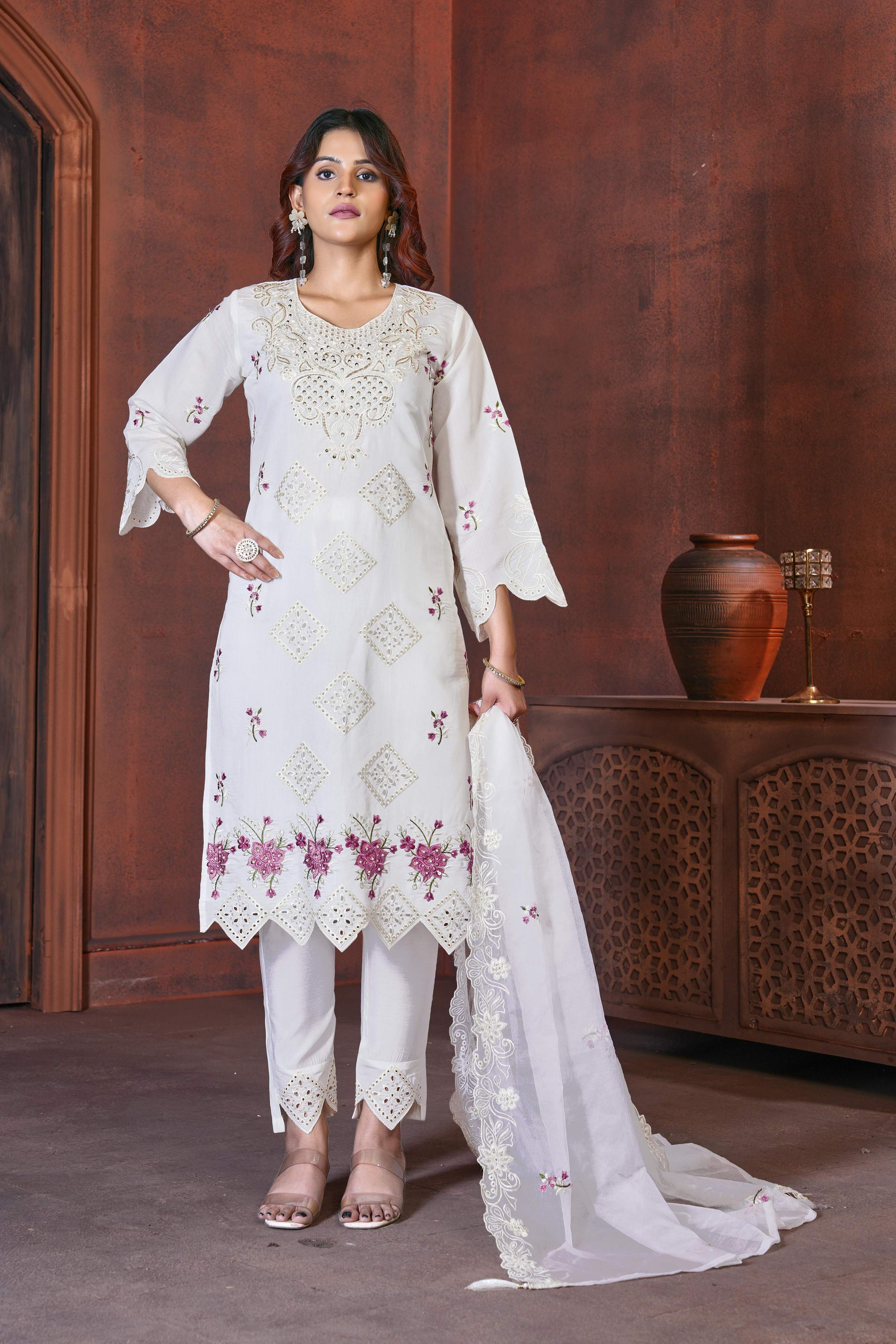 Sonakshi Women's White Heavy Viscose Roman Boring Embroidered with Sequins & Heavy Hand work Kurta Set with Dupatta