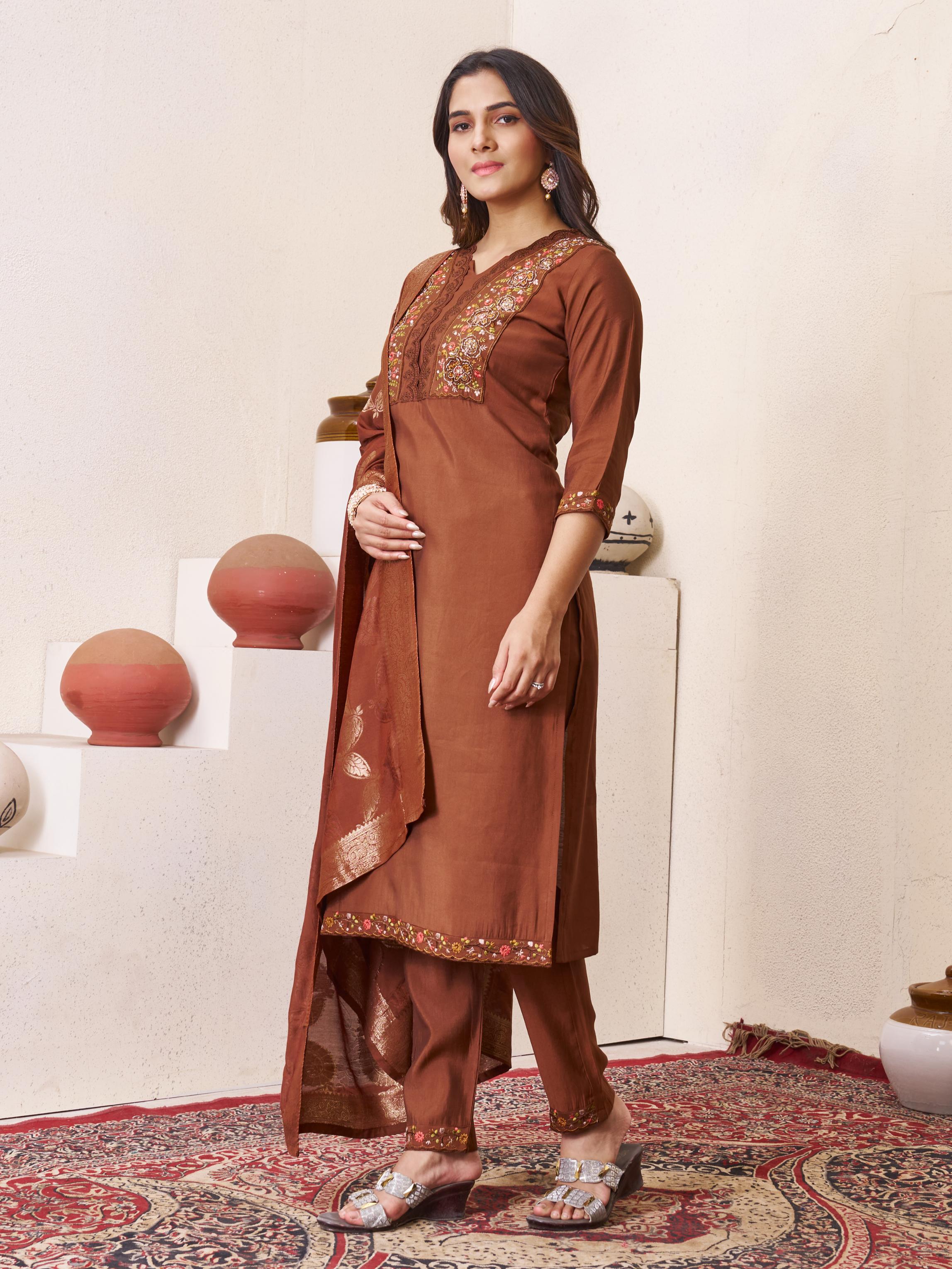 Sonakshi Women's Coffee Roman Silk Multi Embroidered Sequins With Hand Work Kurta Set with Dupatta - Distacart