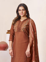 Thumbnail for Sonakshi Women's Coffee Roman Silk Multi Embroidered Sequins With Hand Work Kurta Set with Dupatta - Distacart