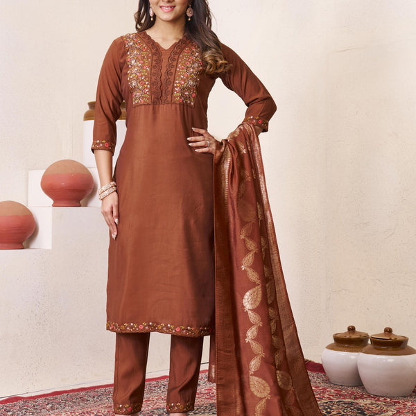 Sonakshi Women's Coffee Roman Silk Multi Embroidered Sequins With Hand Work Kurta Set with Dupatta - Distacart