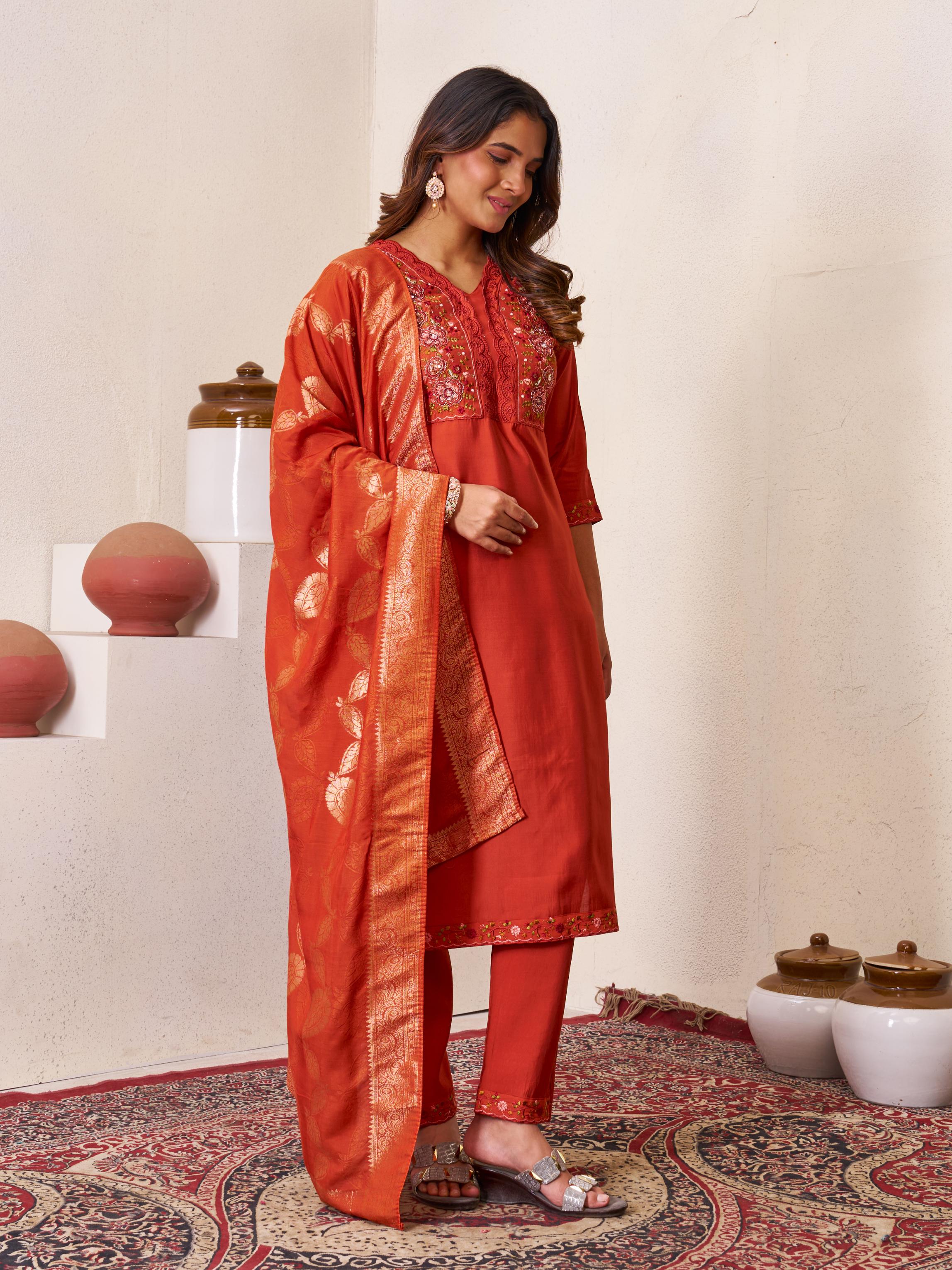 Sonakshi Women's Rust Roman Silk Multi Embroidered Sequins With Hand Work Kurta Set with Dupatta - Distacart