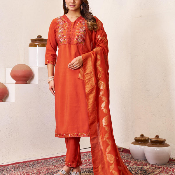 Sonakshi Women's Rust Roman Silk Multi Embroidered Sequins With Hand Work Kurta Set with Dupatta - Distacart