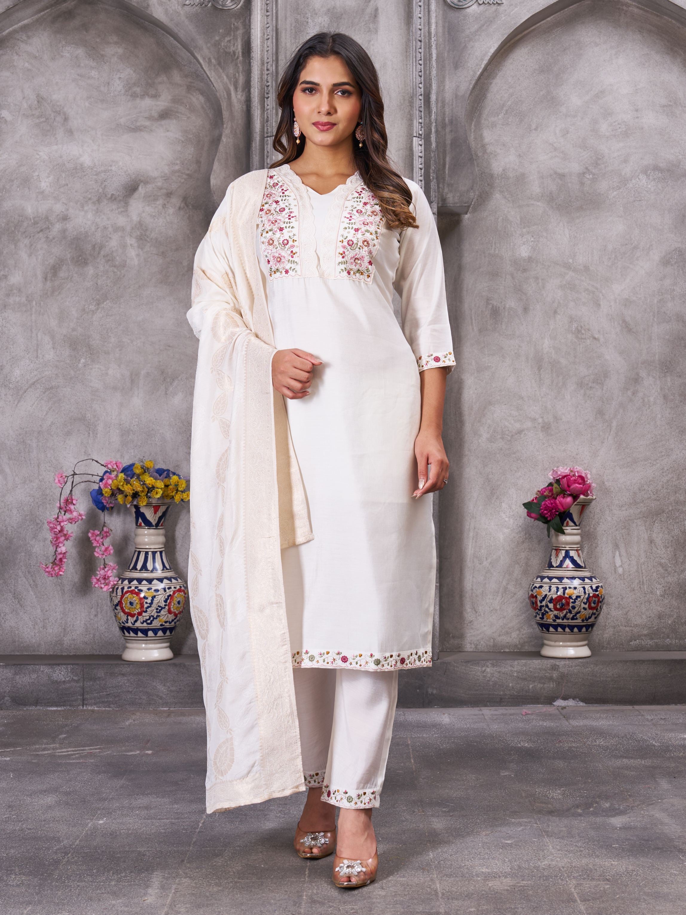 Sonakshi Women's White Roman Silk Multi Embroidered Sequins With Hand Work Kurta Set with Dupatta