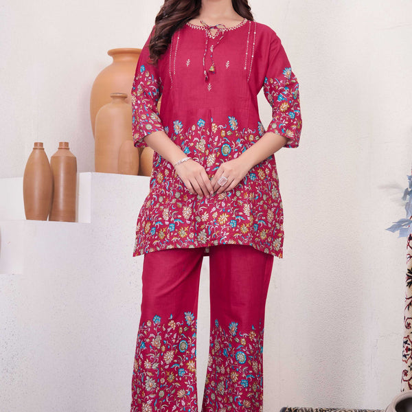 Sonakshi Women's Pink Cotton Printed Straight Top & Bottom Set - Distacart