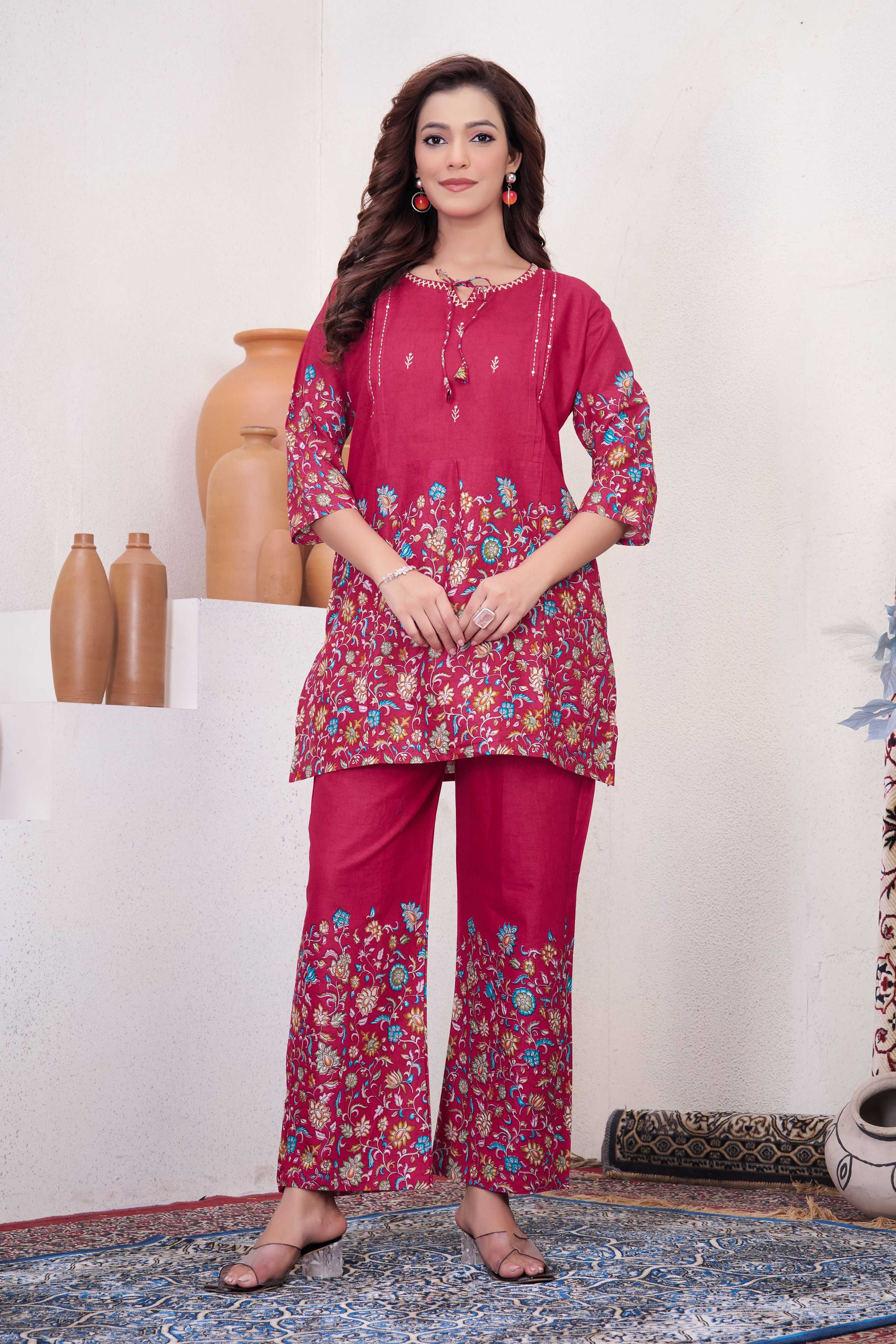 Sonakshi Women's Pink Cotton Printed Straight Top & Bottom Set