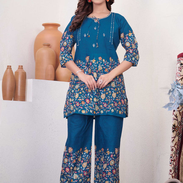 Sonakshi Women's Teal Cotton Printed Straight Top & Bottom Set - Distacart