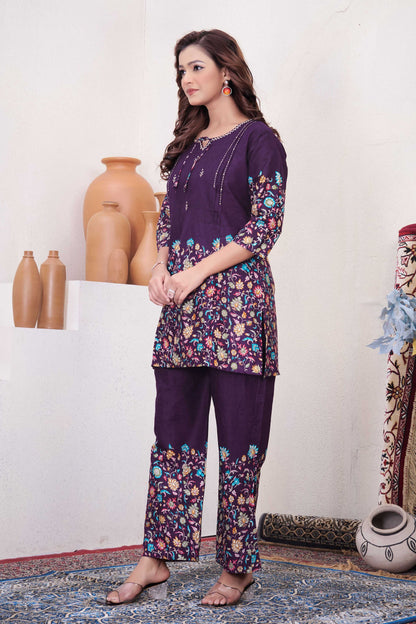 Sonakshi Women's Purple Cotton Printed Straight Top & Bottom Set - Distacart