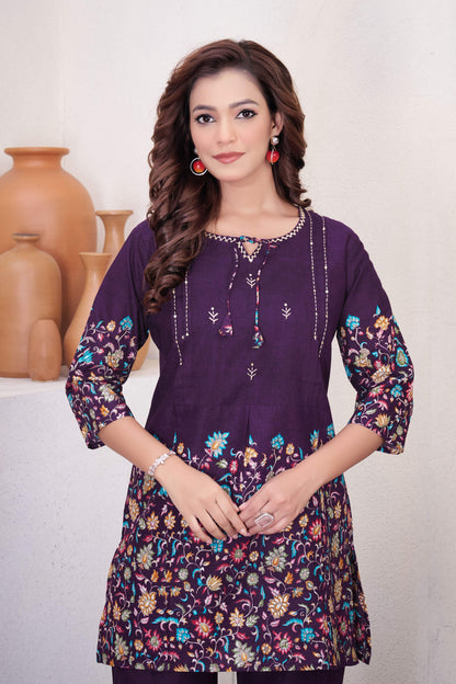 Sonakshi Women's Purple Cotton Printed Straight Top & Bottom Set - Distacart