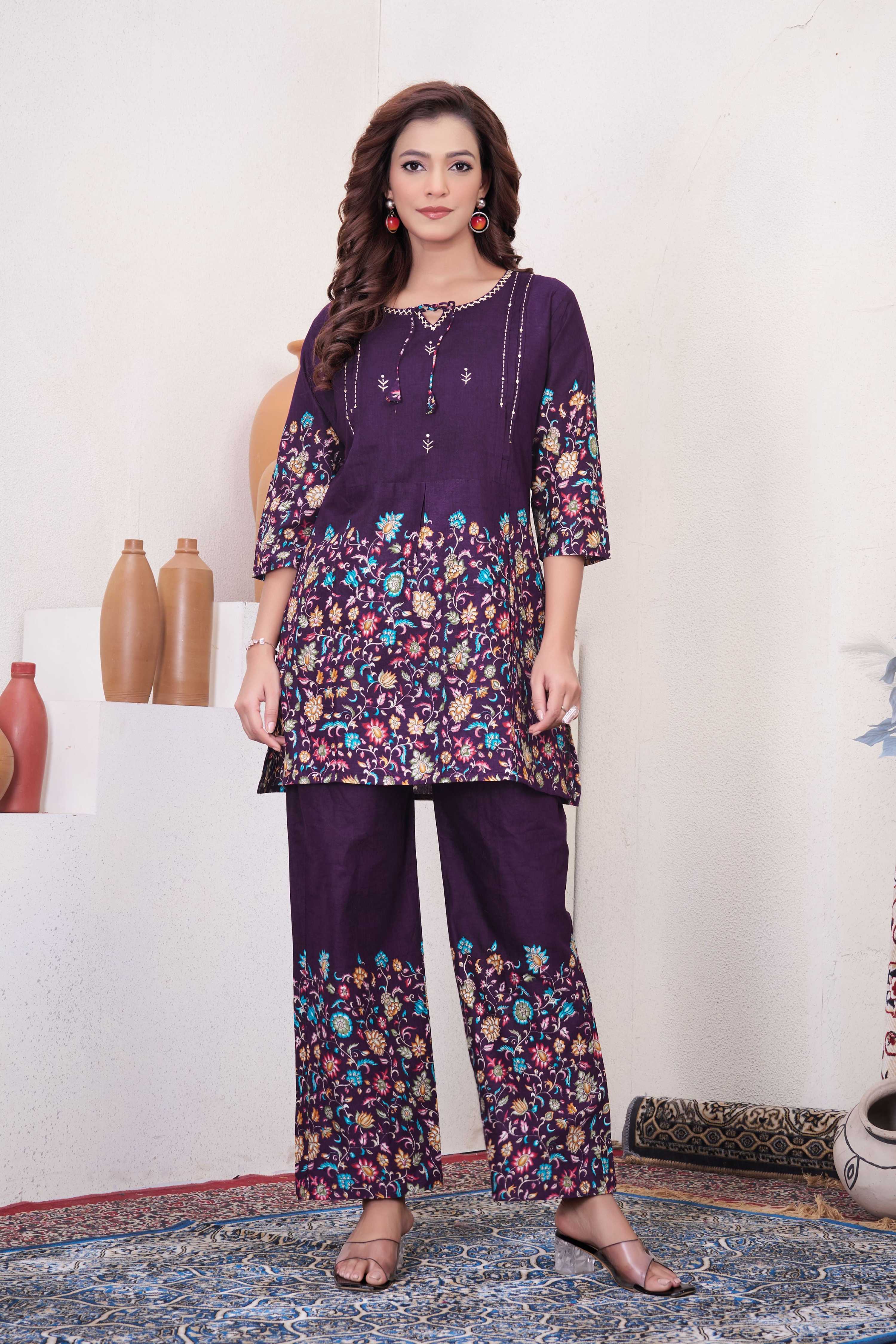 Sonakshi Women's Purple Cotton Printed Straight Top & Bottom Set - Distacart