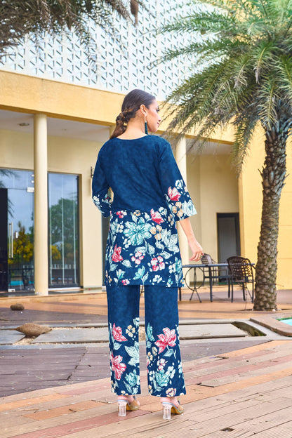 Sonakshi Women's Blue Cotton Printed Straight Top & Bottom Set - Distacart