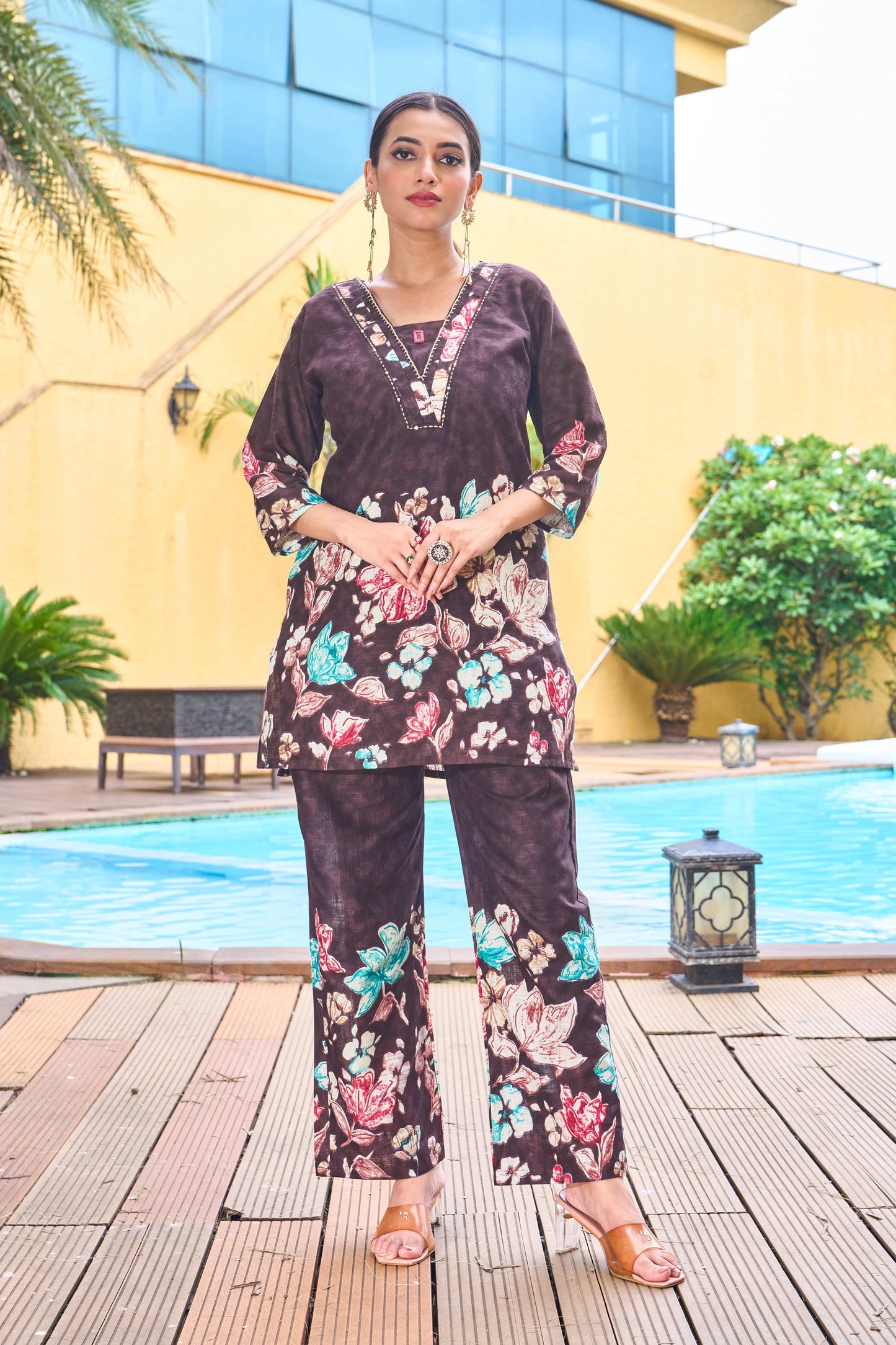 Sonakshi Women's Coffee Cotton Printed Straight Top & Bottom Set - Distacart