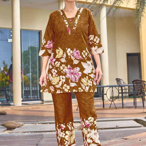 Sonakshi Women's Mustard Cotton Printed Straight Top & Bottom Set - Distacart