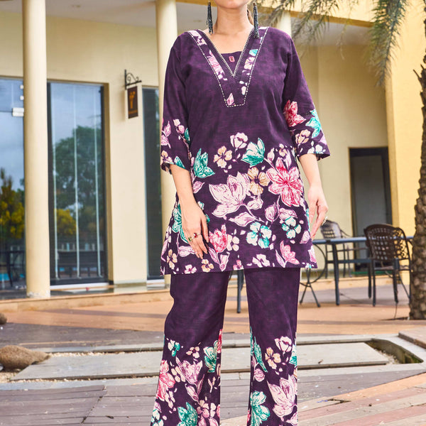 Sonakshi Women's Wine Cotton Printed Straight Top & Bottom Set - Distacart