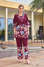 Thumbnail for Sonakshi Women's Maroon Cotton Printed Straight Top & Bottom Set - Distacart
