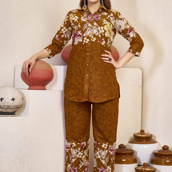 Sonakshi Women's Mustard Cotton Printed Straight Top & Bottom Set - Distacart
