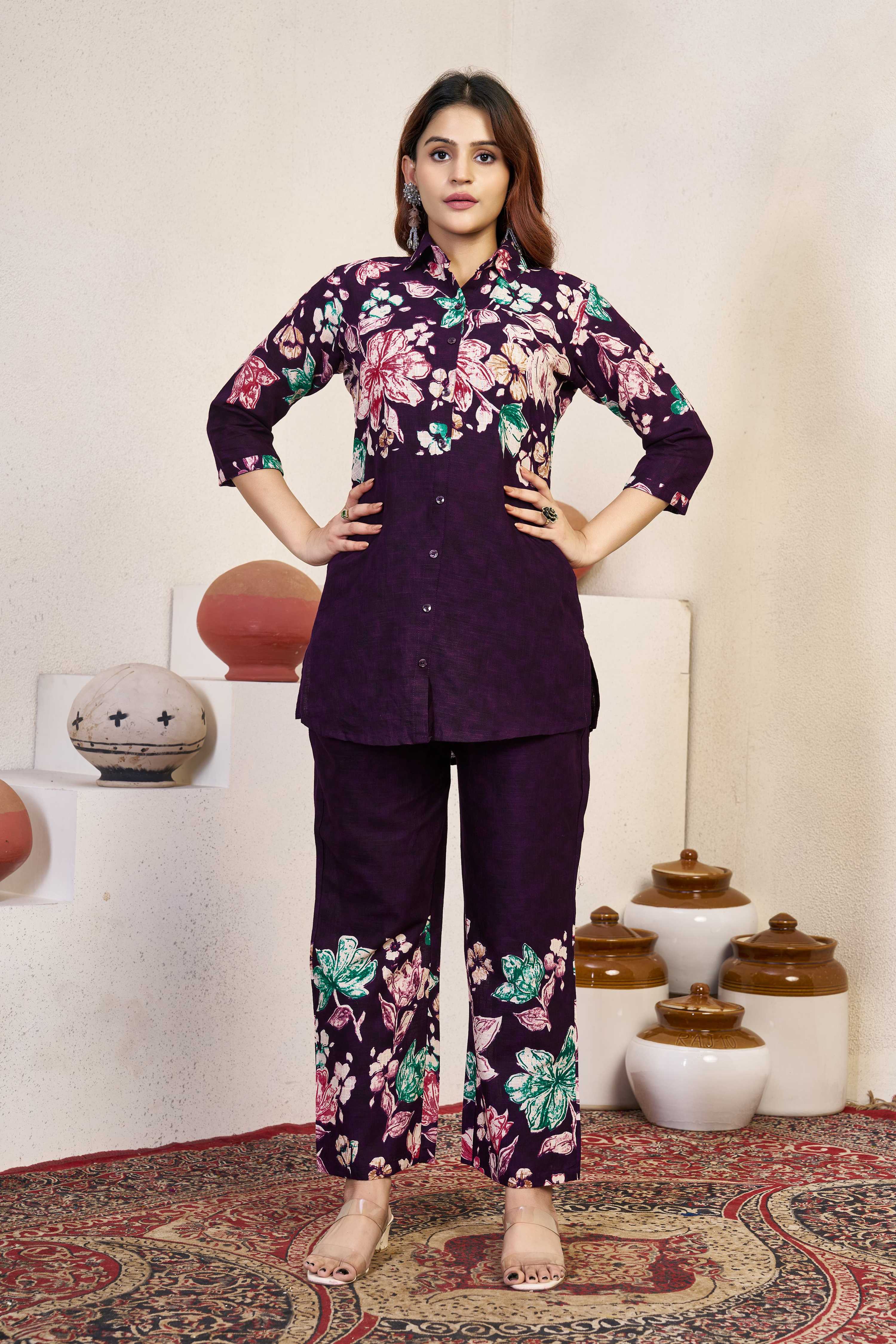 Sonakshi Women's Wine Cotton Printed Straight Top & Bottom Set