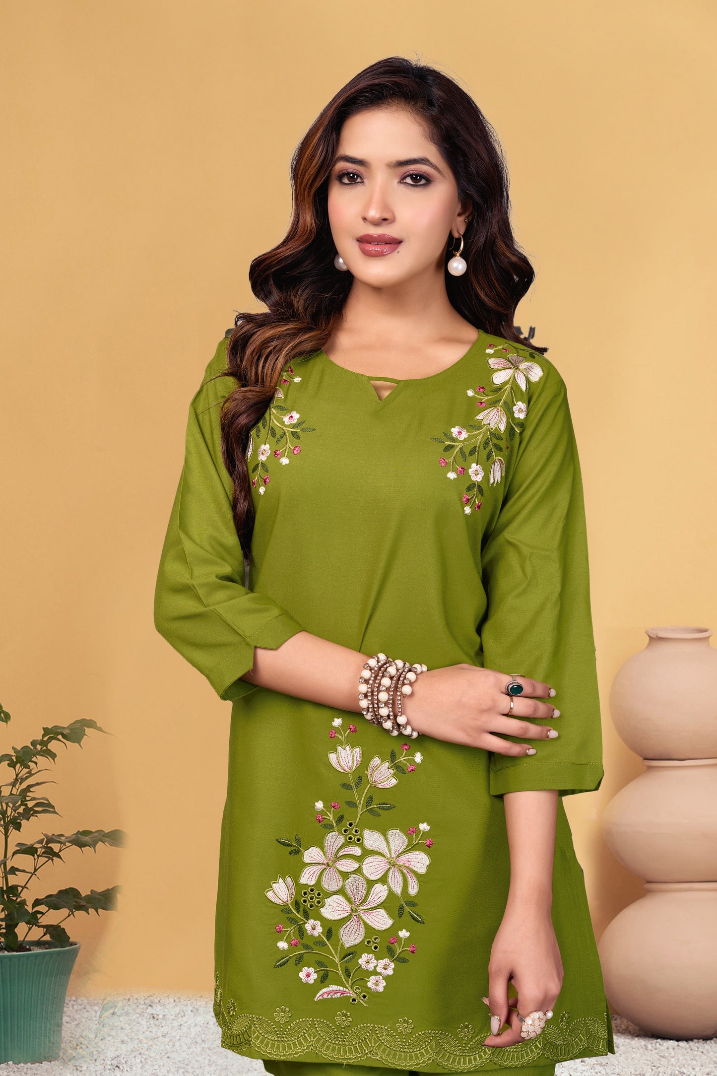 Sonakshi Women's Green Viscose Rayon Embroidered Straight Top & Bottom Set - Distacart