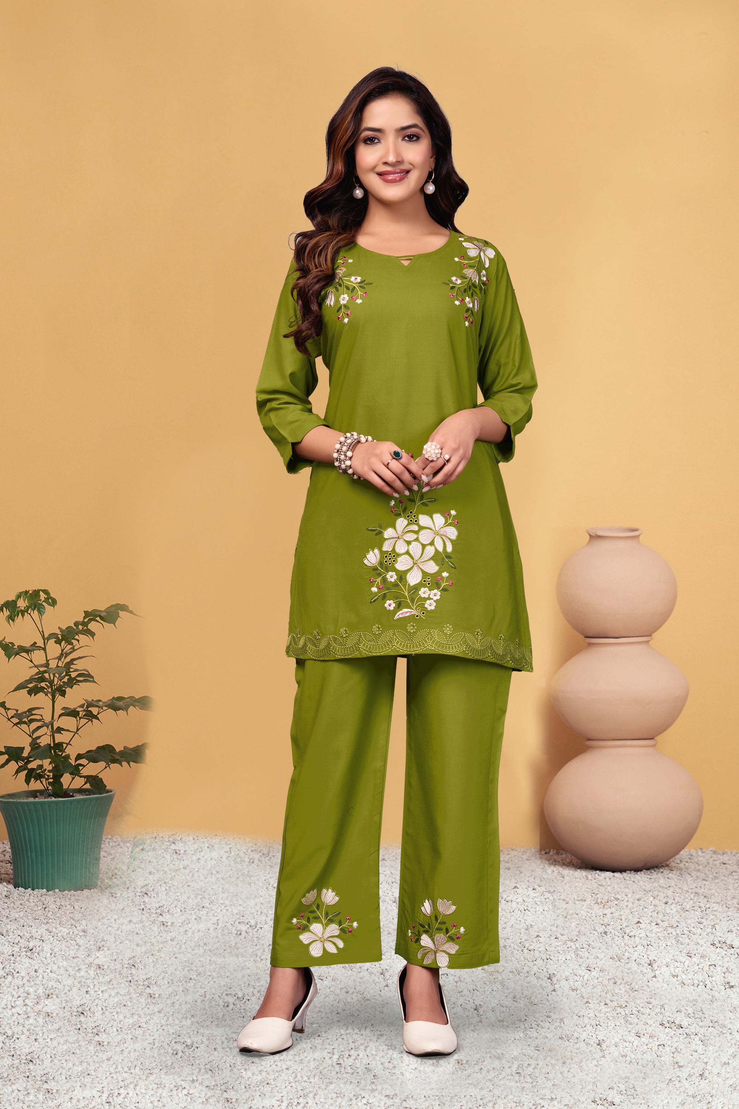 Sonakshi Women's Green Viscose Rayon Embroidered Straight Top & Bottom Set