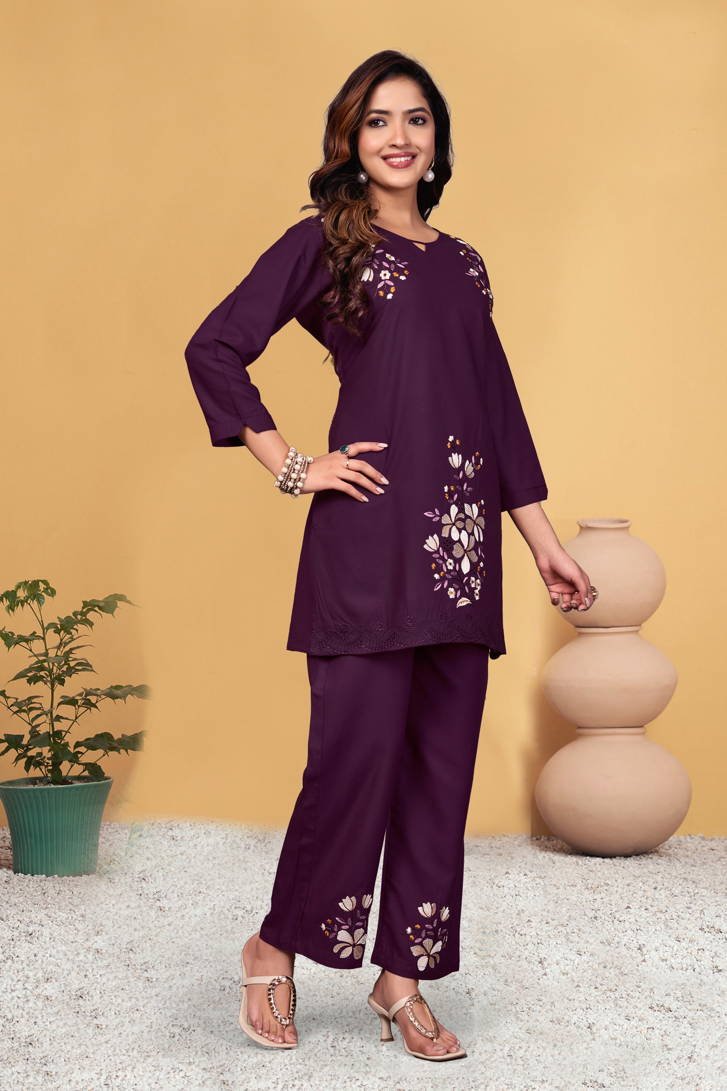 Sonakshi Women's Wine Viscose Rayon Embroidered Straight Top & Bottom Set - Distacart