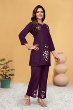 Thumbnail for Sonakshi Women's Wine Viscose Rayon Embroidered Straight Top & Bottom Set - Distacart
