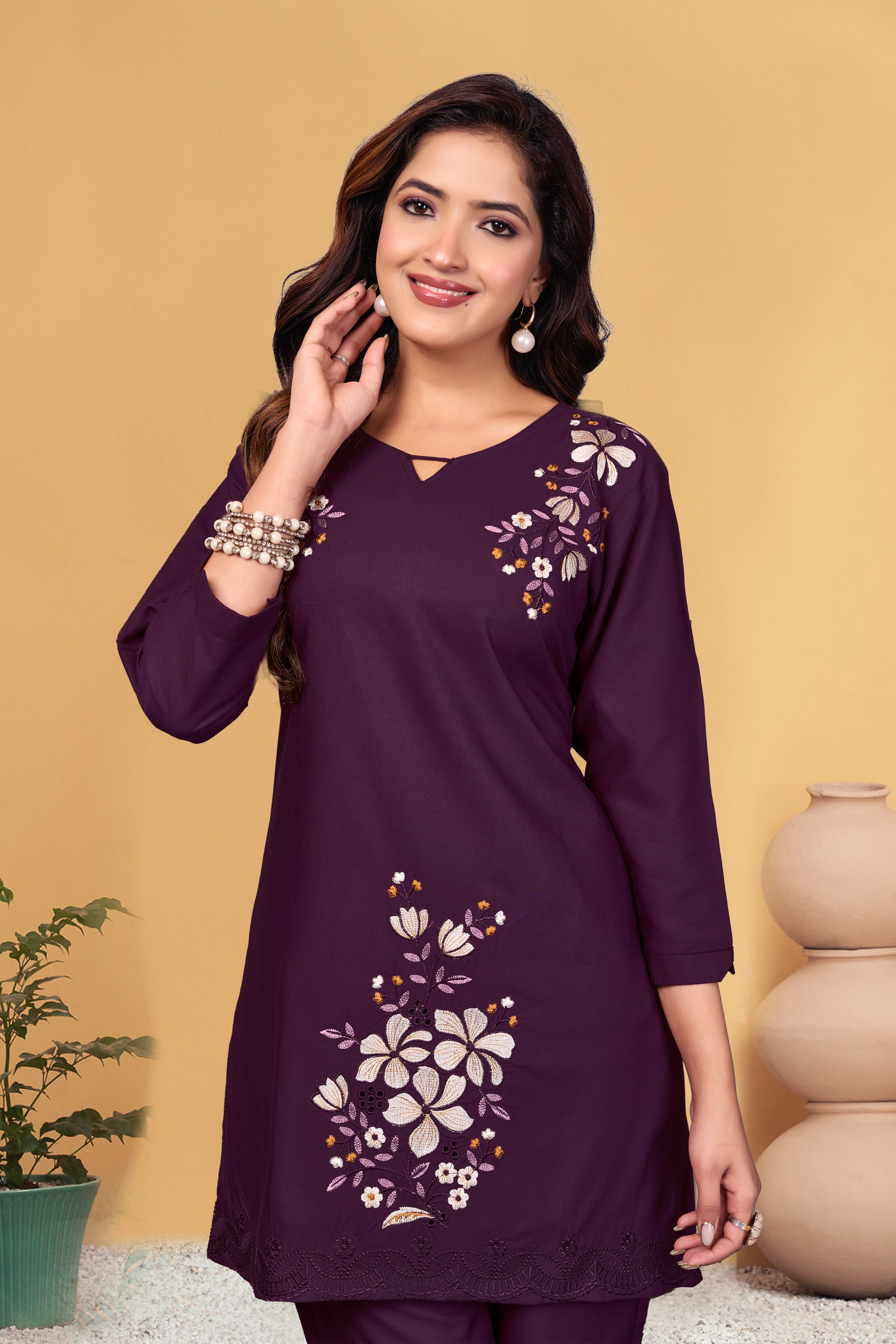 Sonakshi Women's Wine Viscose Rayon Embroidered Straight Top & Bottom Set - Distacart