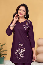 Thumbnail for Sonakshi Women's Wine Viscose Rayon Embroidered Straight Top & Bottom Set - Distacart