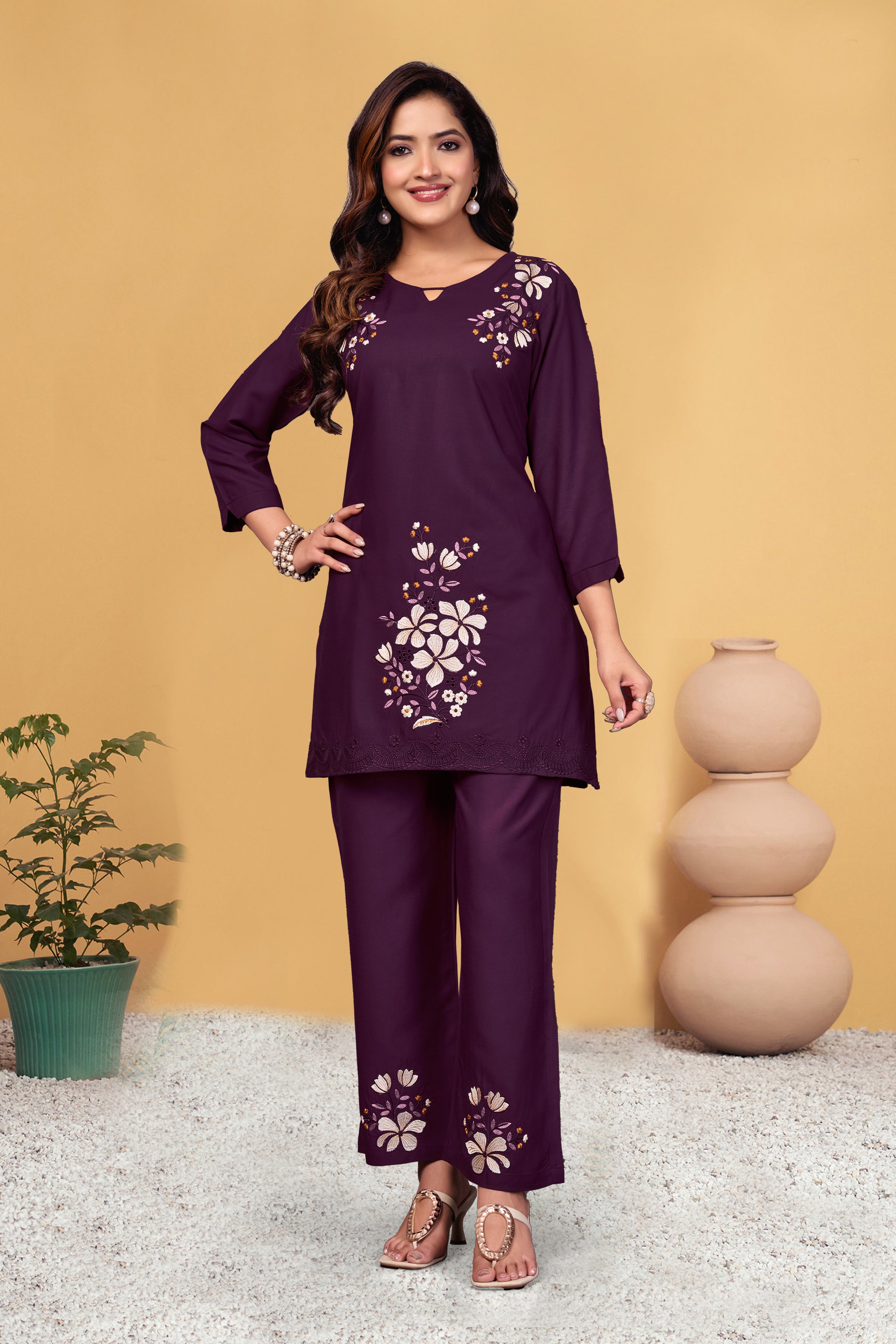 Sonakshi Women's Wine Viscose Rayon Embroidered Straight Top & Bottom Set