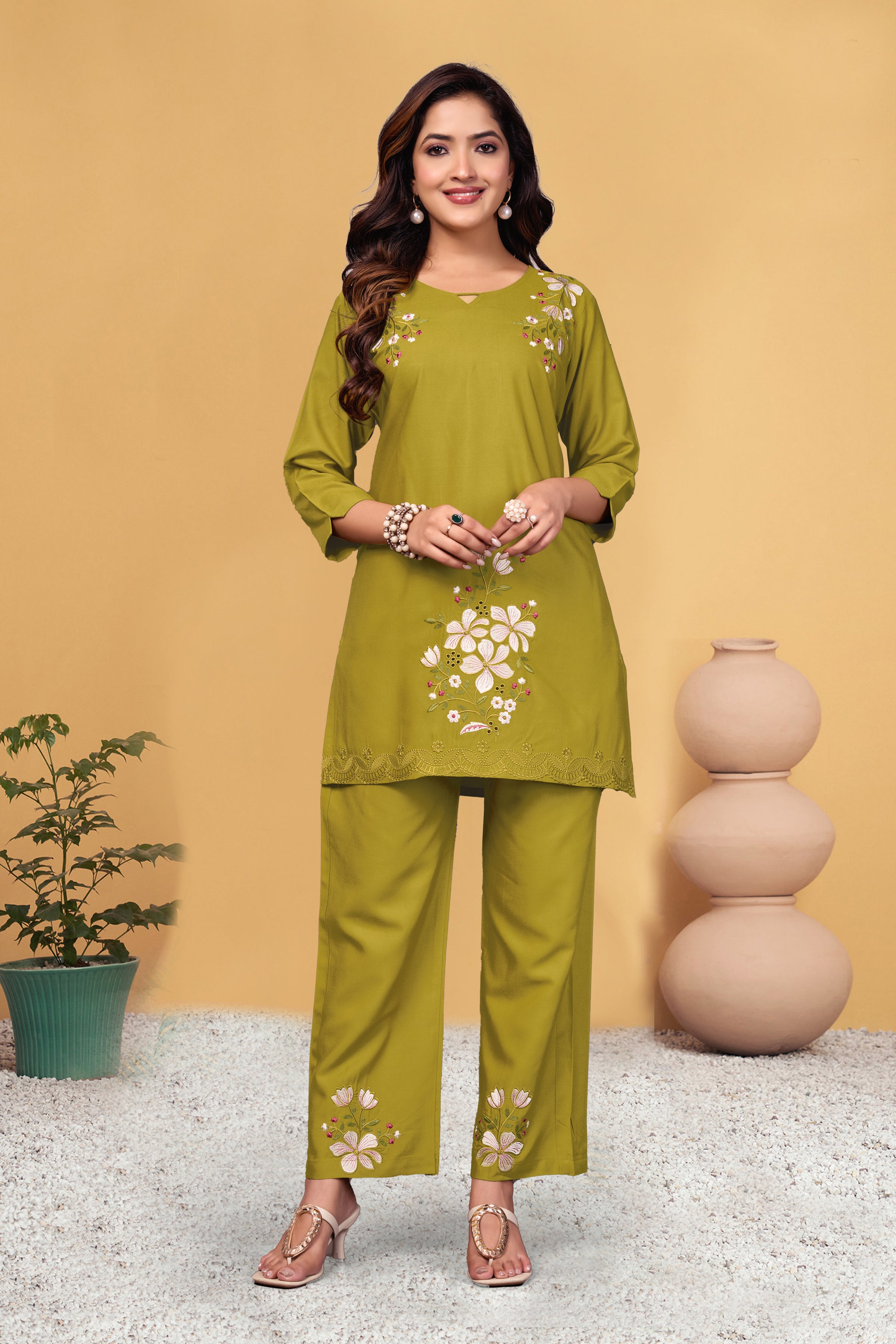 Sonakshi Women's Mehendi Viscose Rayon Embroidered Straight Top & Bottom Set