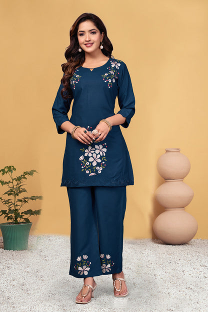 Sonakshi Women's Teal Viscose Rayon Embroidered Straight Top & Bottom Set - Distacart