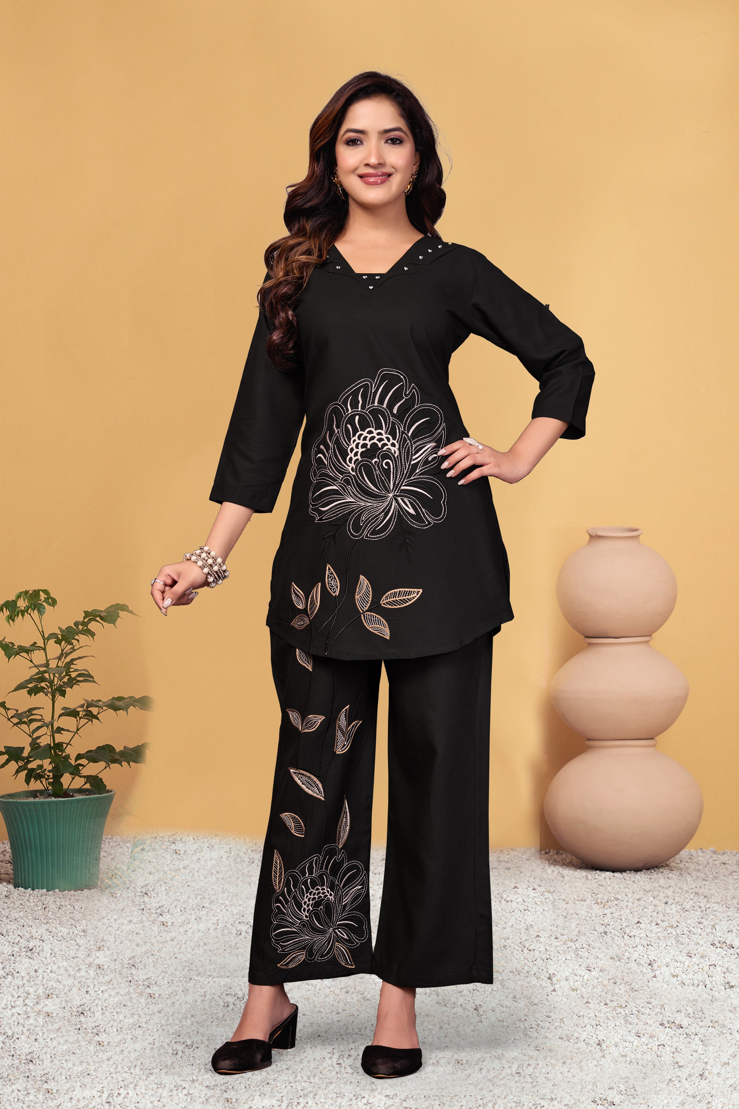 Sonakshi Women's Black Viscose Rayon Embroidered Straight Top & Bottom Set - Distacart
