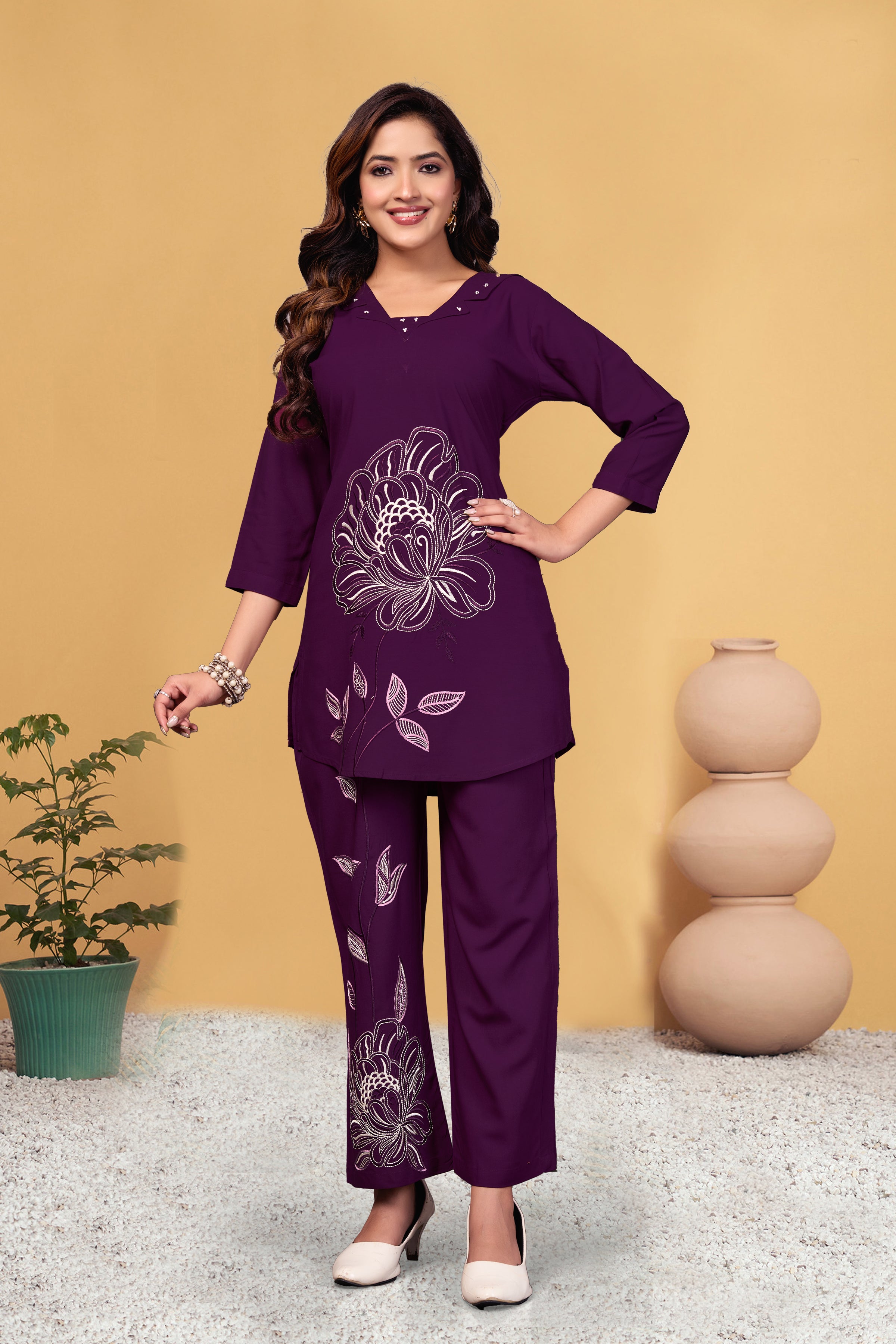 Sonakshi Women's Wine Viscose Rayon Embroidered Straight Top & Bottom Set