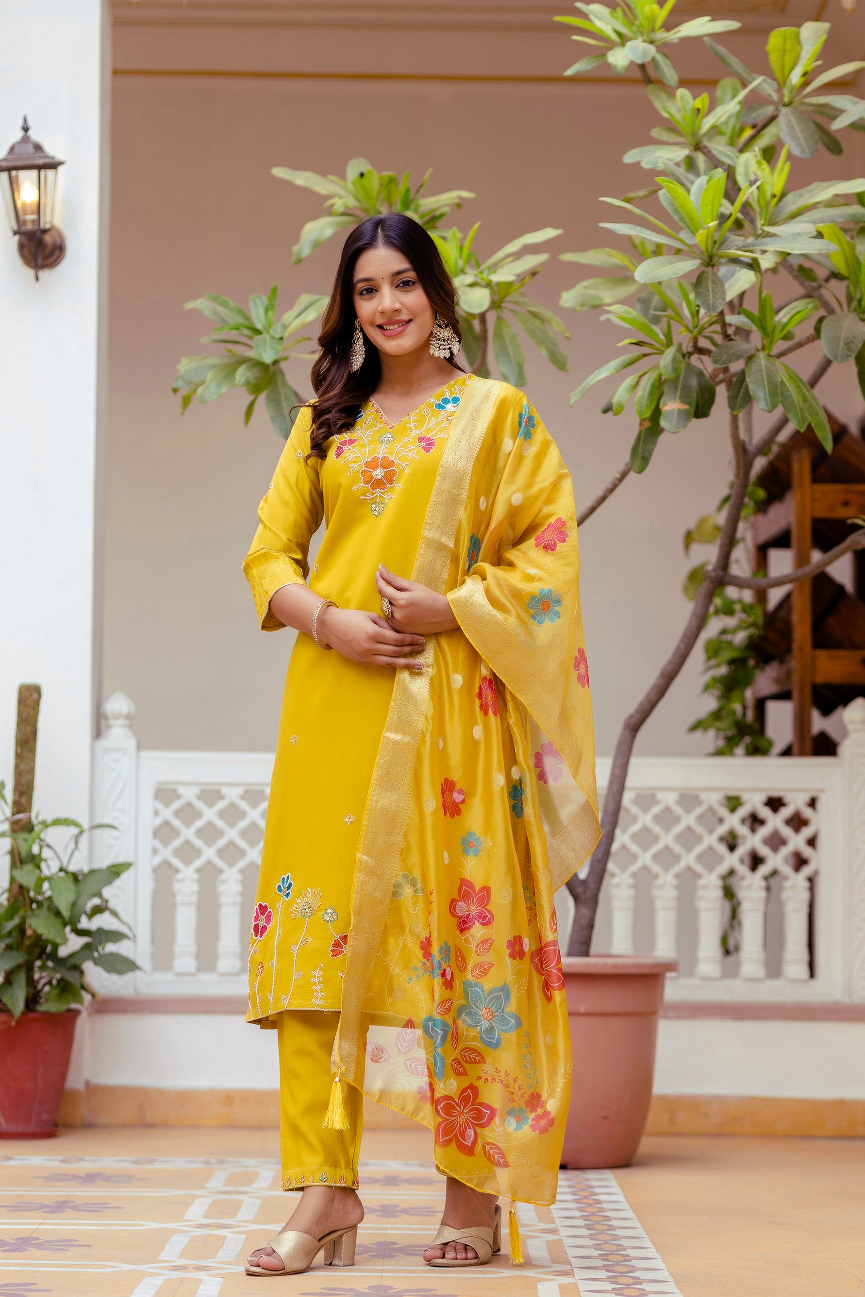 Sonakshi Women's Yellow Viscose Gadhwal Embroidered Beads Kurta Set with Dupatta