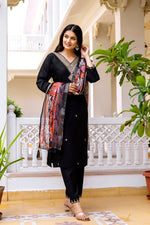 Thumbnail for Sonakshi Women's Black Viscose Chanderi Embroidered Kurta Set with Dupatta - Distacart
