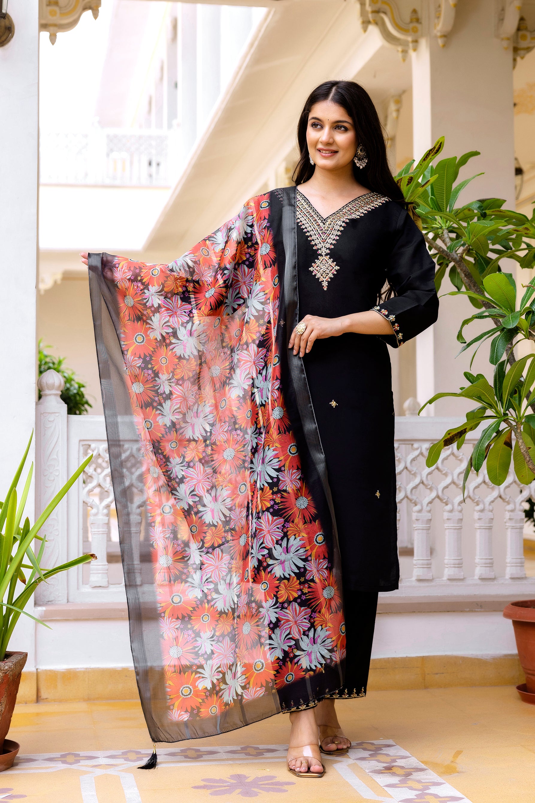 Sonakshi Women's Black Viscose Chanderi Embroidered Kurta Set with Dupatta