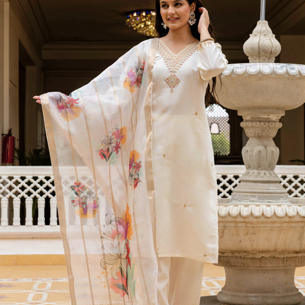 Sonakshi Women's White Viscose Chanderi Embroidered Kurta Set with Dupatta - Distacart